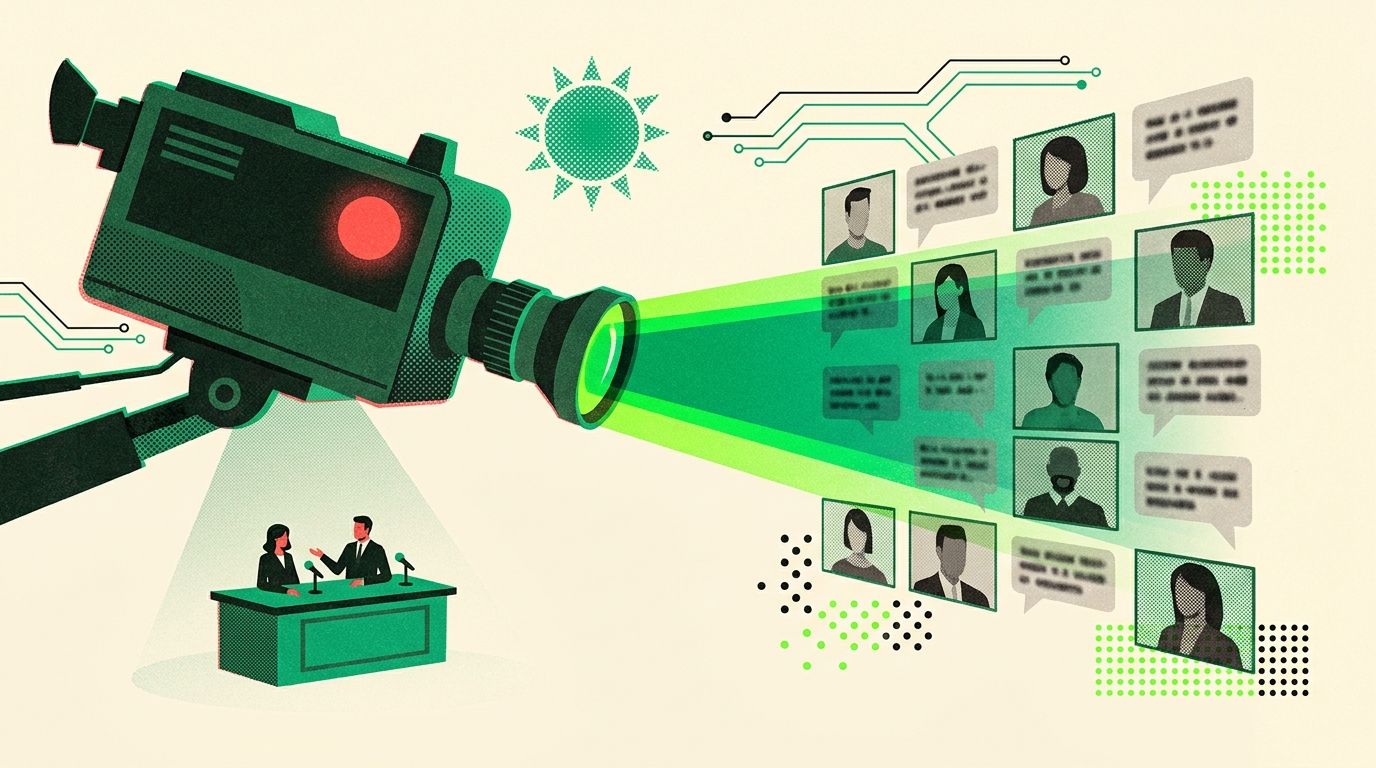 Illustration of a tiny figure broadcasting live from a giant studio camera into a glowing feed