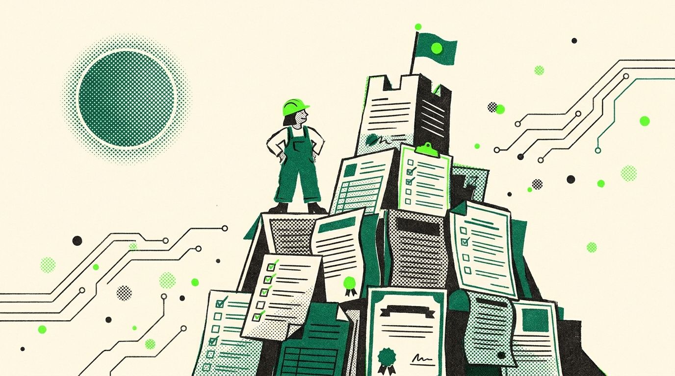 Illustration of a tiny figure building a giant fortress out of document pages