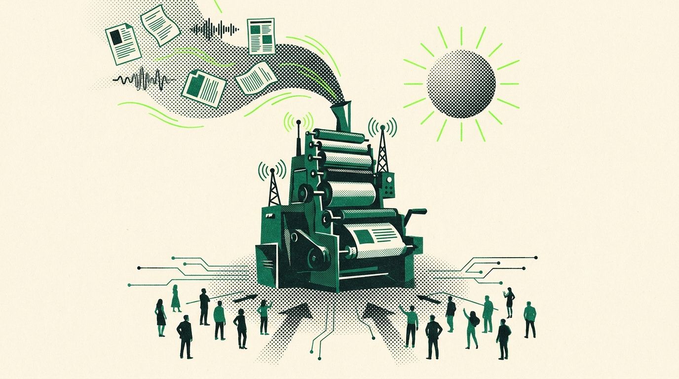 Illustration of a giant printing press and broadcast tower emitting essays and podcast waves, with founders drawn toward it